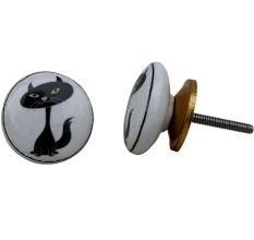 Black Cat White Ceramic Knob