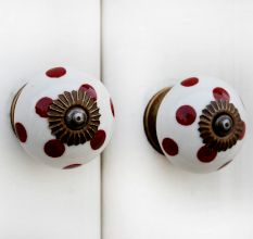 White Red Polka Ceramic Wardrobe Knob