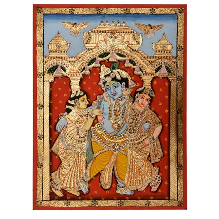 Tanjore painting of Lord Krishna along with Rukmani and Bama