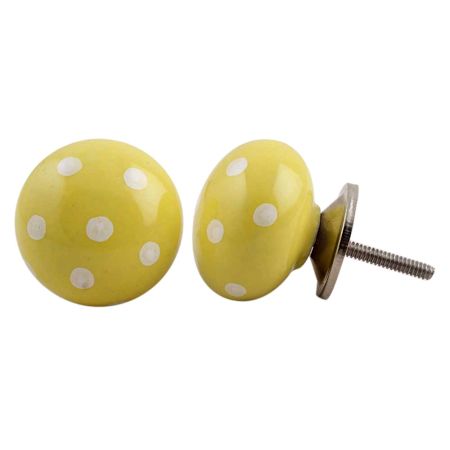 Yellow White Polka Ceramic Dresser Knob