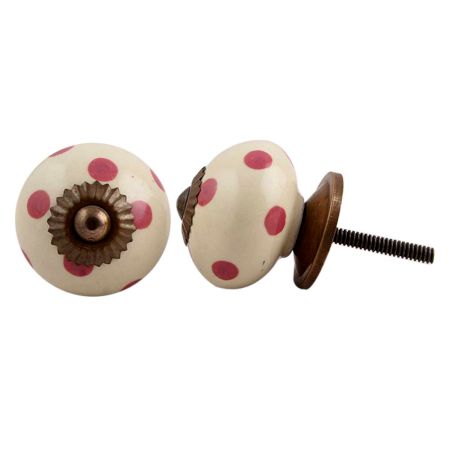 Cream Pink Polka Dotted Ceramic Knob