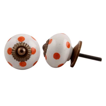 White Orange Polka Ceramic Wardrobe Knob