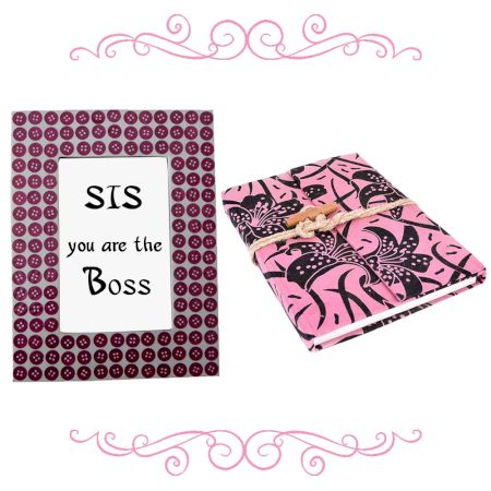 Pink Button Photoframe With Pink & Black Diary (Combo Pack)