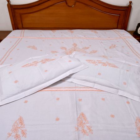 White & Peach Embroidered Bedsheet
