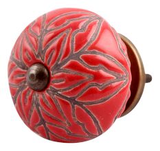 Red Amarylis Floral Etched Ceramic Drawer Knob