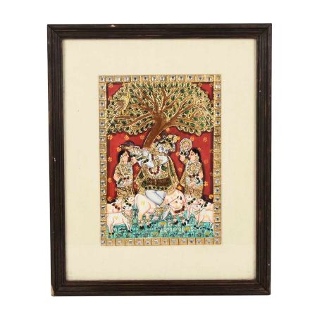 Framed Tree Flute Krishna Tanjore Painting 15 inch