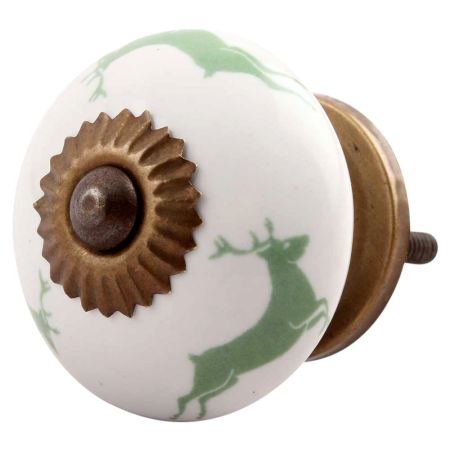 Forest Green Running Rein Deer Pattern Ceramic Cabinet Knob
