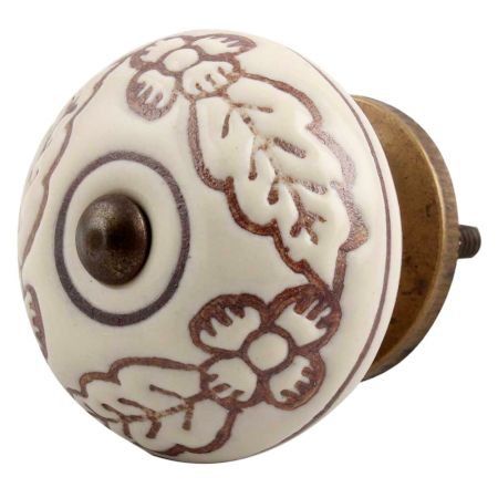 Cream Brown Leaf Flower Etched Ceramic Knob