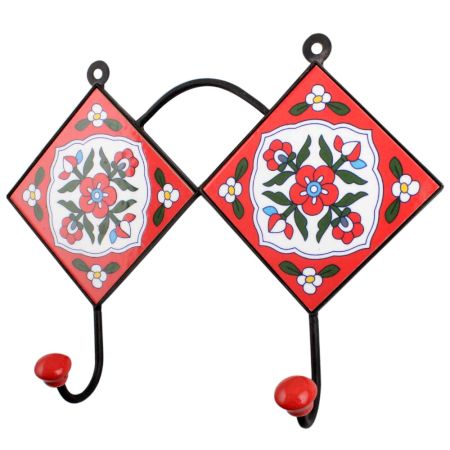 Red White Floral Tiles Hooks