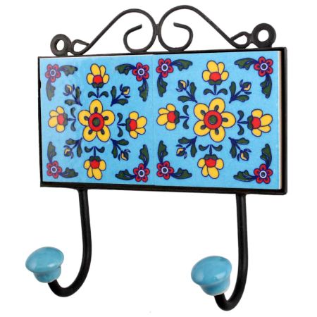 Turquoise Yellow Floral Tiles Hooks