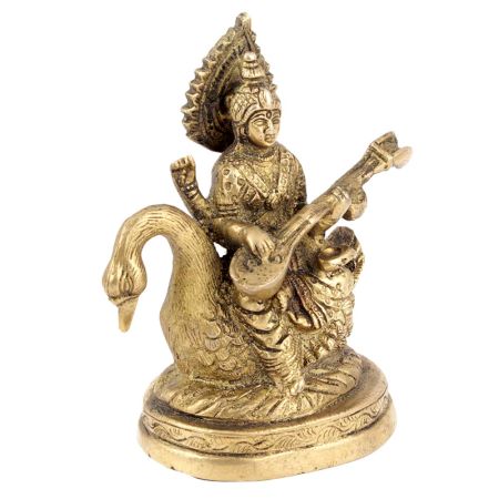 Goddess Saraswati Idol Sitting on Hans Brass Figurine