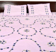 Pearl Blush  Cotton Blue Petals Floral Embroidered Double Bedsheet with Two Matching Pillow Cases