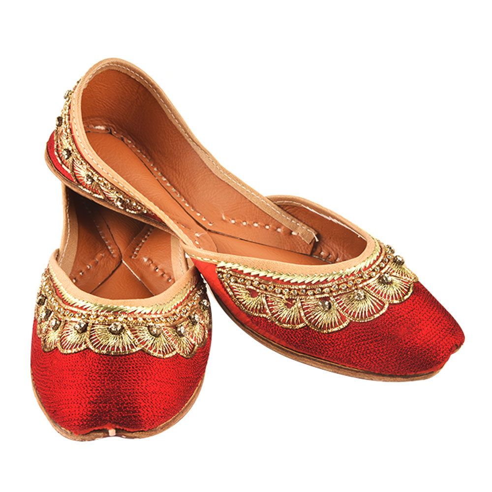 Red Silk Based Leather Jutti With Pankhi Border