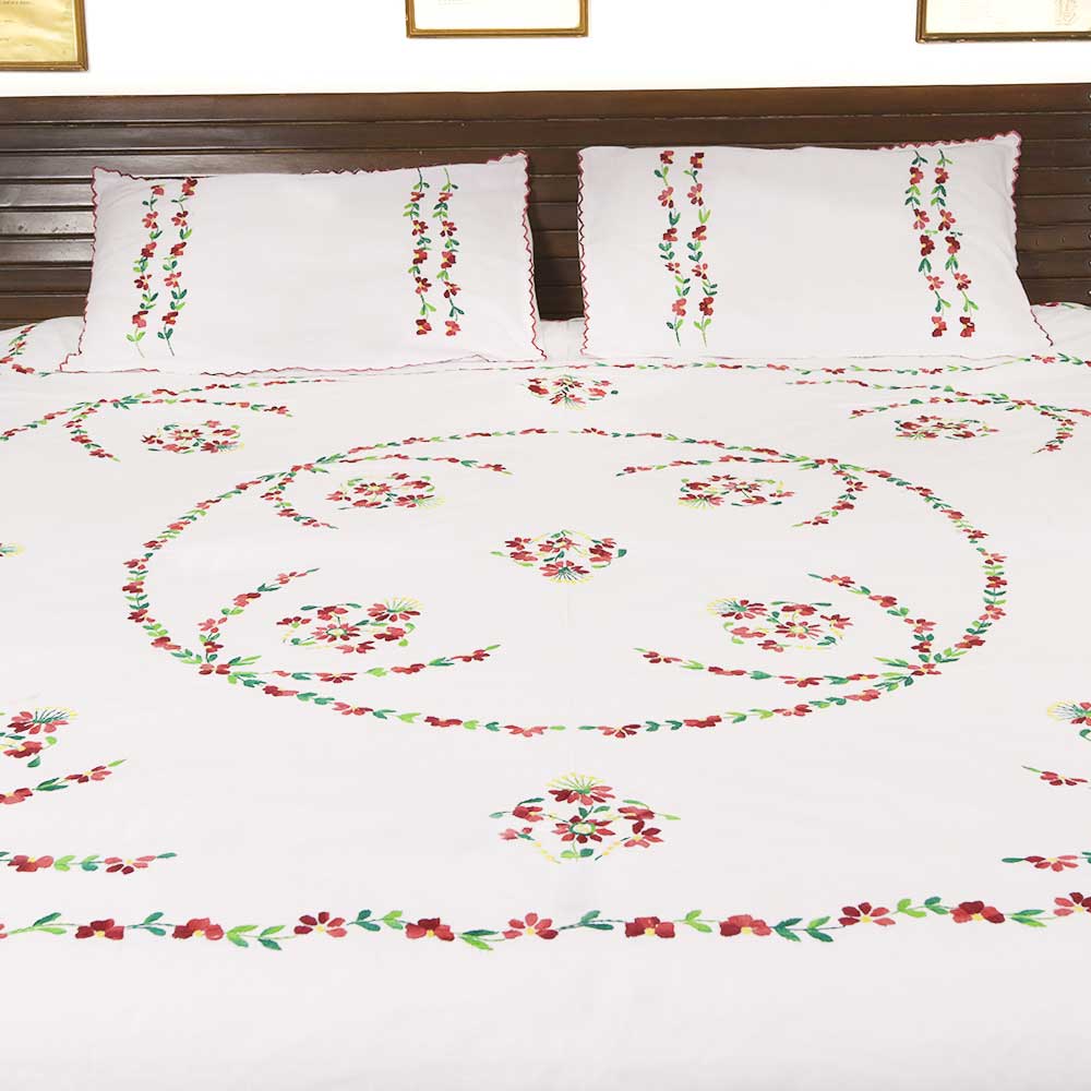 Hand Embroidered Cotton White Double Bed Sheet Red Petals With 2 Pillow Covers