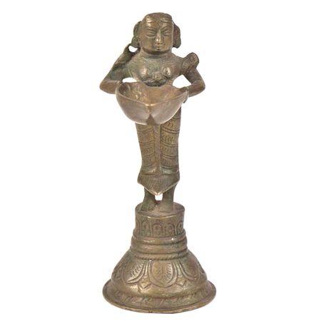 Bronze Lady Holding A Diya In Her Hand With a Vintage Look