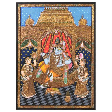 Tanjore Painting of Krishna With  Bama and Rukmani With Frame