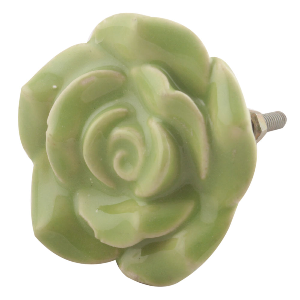 Pea Green Rose Ceramic Flower Cabinet Knob