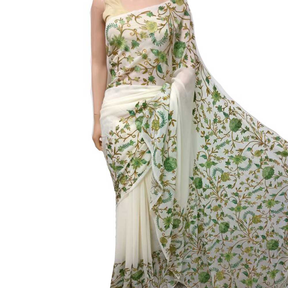 Creamy White Floral Embroidered Georgette Sari