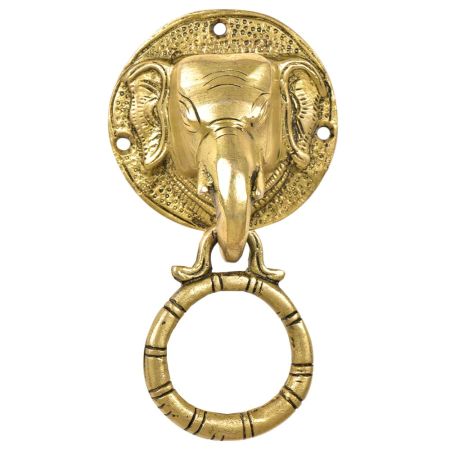 Handmade Engraved Brass Elephant Head Door Knocker With Ring