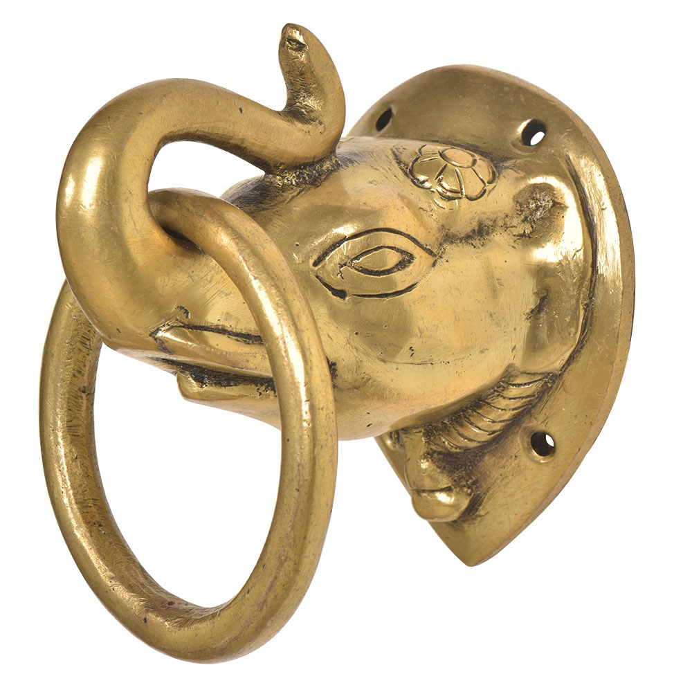 Brass Elephant Head With Trunk Up Door Knocker With Ring