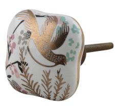 Golden Leaf Bird Square Ceramic Cabinet Knob