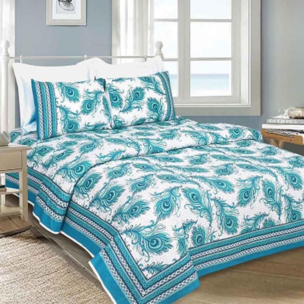 Blue Peacock Feather Cotton Bedsheet With Two Pillow Cover