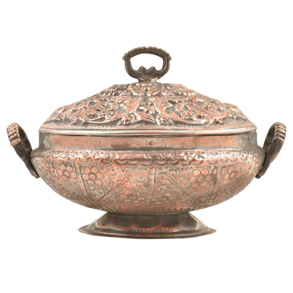 Engraved Kashmiri Copper Rice Bowl With Lid And Handles