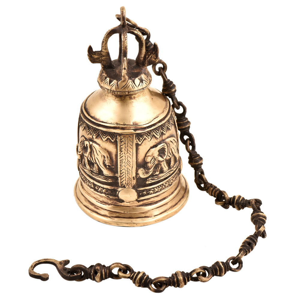 Hand Crafted Brass Engraved Elephant Mandir Hanging Bell