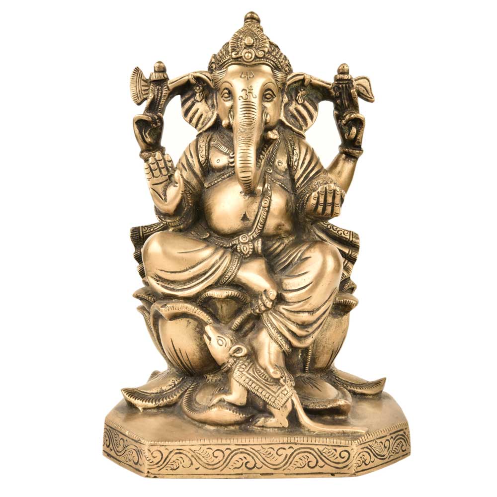 Brass God Ganesha Statue Sitting On Lotus Lord And Mooshak