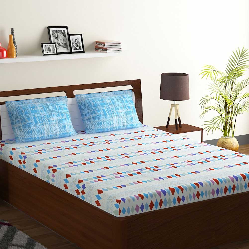 Bombay Dyeing Blue Colorful Geometric Design 120 Tc Cotton Double 1 Bedsheet With 2 Pillow Covers 1334