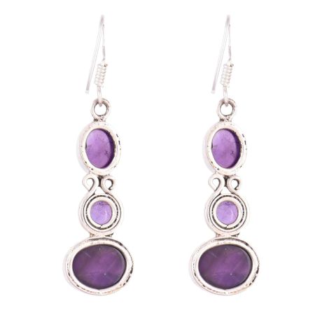 92.5Sterling Silver Dangle Earrings Three Stone Faceted Amethyst Earrings