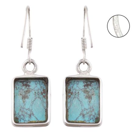92.5 Sterling Silver Earrings Square Framed Turquoise Earrings