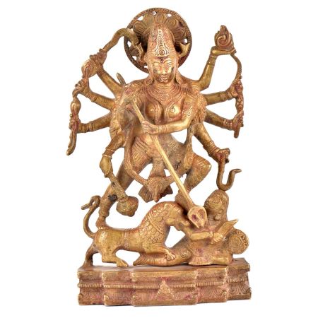 Brass Durga Statue Goddess Durga Slaying Demon Mahishasura