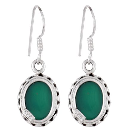 92.5 Sterling Silver Earring Handmade Oval Shaped Green Agate Hook Earrings