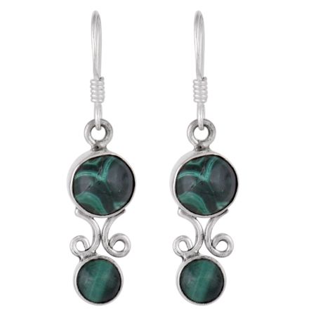 92.5 Sterling Silver Earrings Twin Malachite Round Drop Earrings