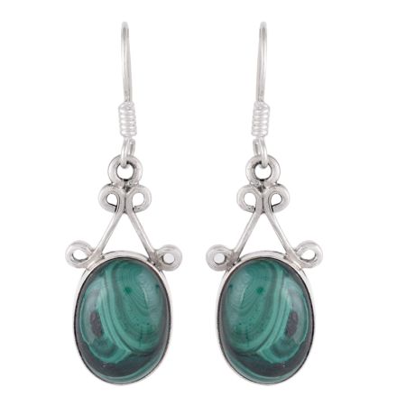 92.5 Sterling Silver Earings Oval  Malachite  Fancy Earrings
