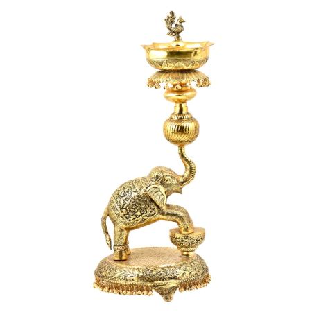Tall  Artistic Oil Lamp With Elephant Peacock Figurines Leaves and Ghungroos