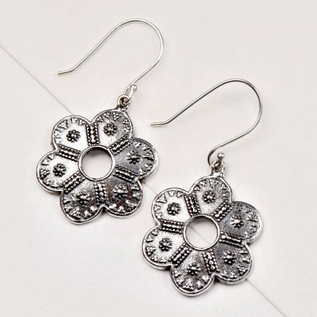 92.5 Sterling Silver Elegant Flower Design Ear Hook Dangle Earrings
