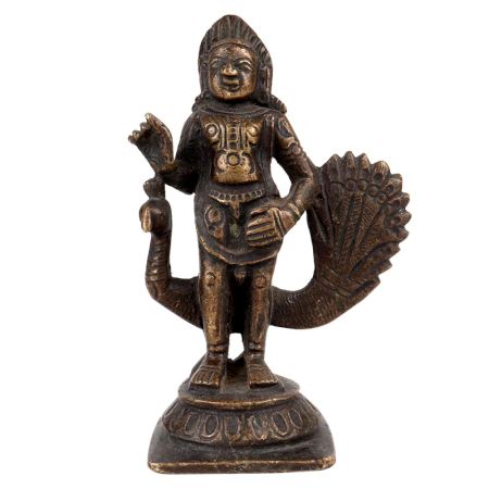 Brass Statue Of Hindu God Kartikeya Murugan With Peacock