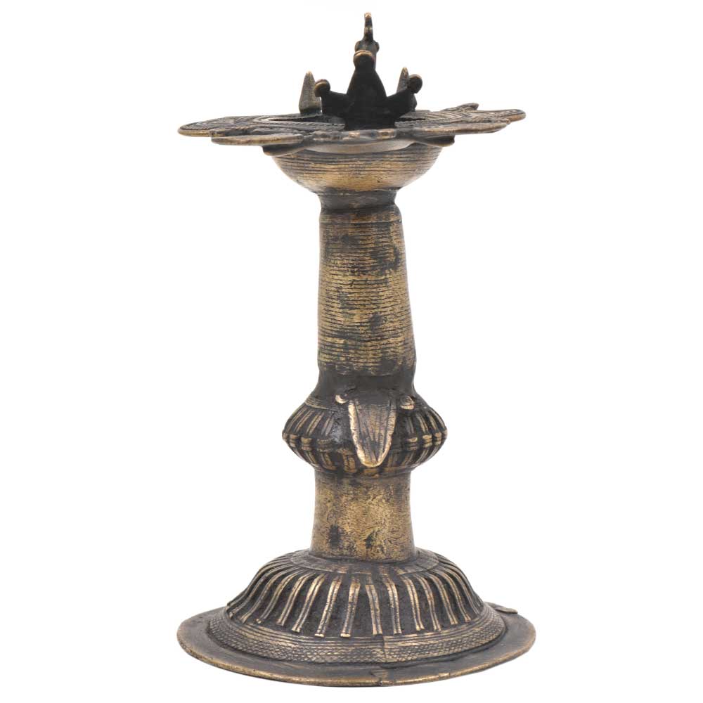 Brass Dhokra oil Lamp/ Samai With Engraved Design And Peacock Figurines