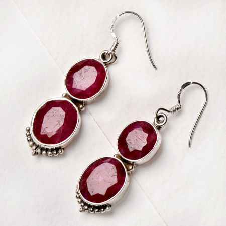 92.5 Sterling Silver Earrings Twin Round Pink Tourmaline Dangler Earrings