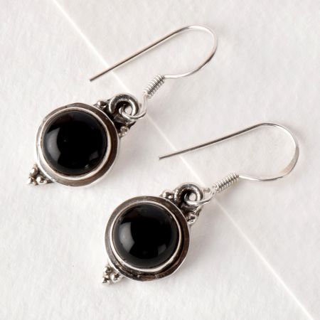 92.5 Sterling Silver Earrings Round Black Onyx Cabochon Studded Silver  Earrings