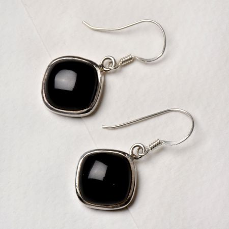 92.5 Sterling Silver Earrings Black Onyx Square Design Bezel Set Drop Hanging earrings