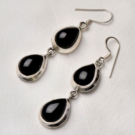 92.5 Sterling Silver Earrings Twin Big Oval Black Onyx Stone Dangler Earrings