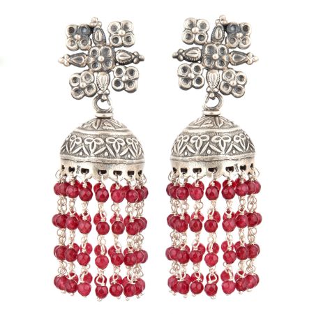 92.5 Sterling silver Earrings With Floral Stud Red Beads Tassel Chandelier Earrings