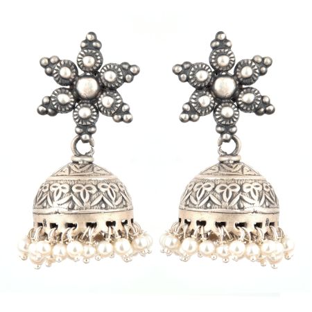 92.5 Sterling silver Earrings Engraved Big Floral Stud and Tassels silver jhumkis