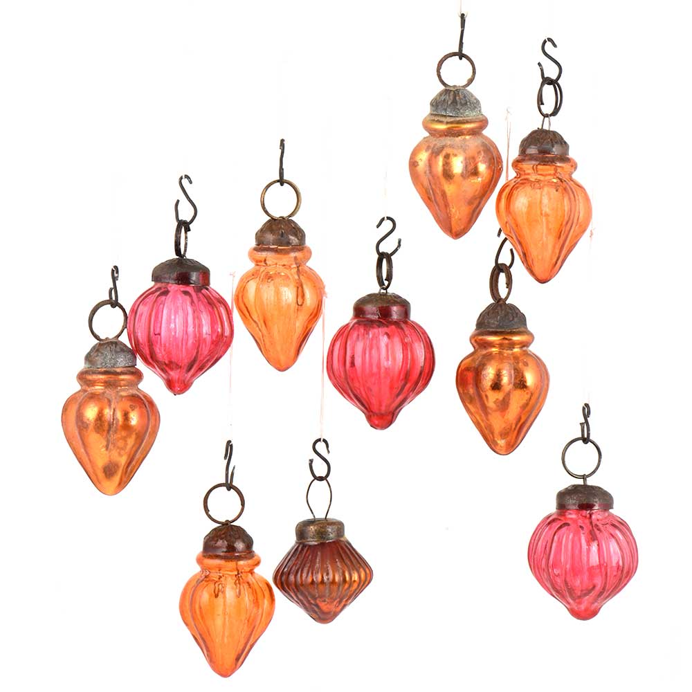 Set Of 25 Handmade Orange And Pink Glass Christmas Ornaments In Assorted Styles