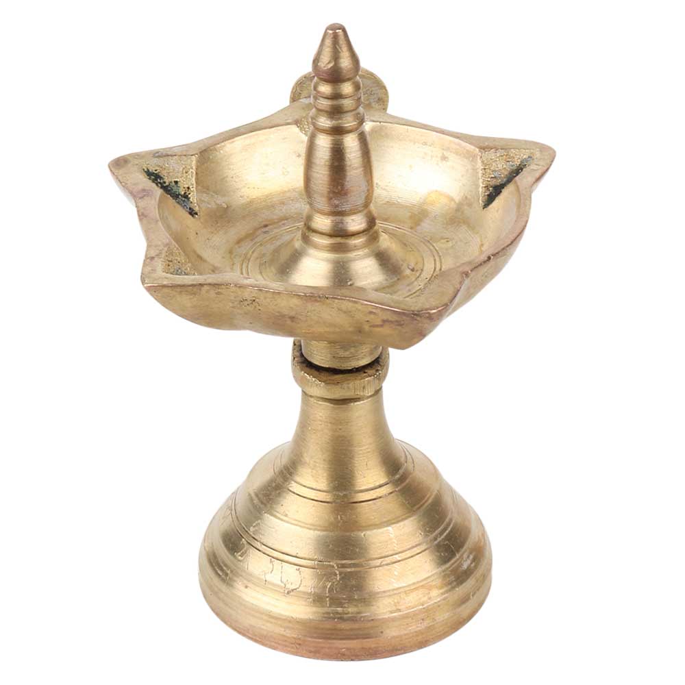 Small Brass Oil Lamp (Kuthu Vilakku) Four Wicks Snake Head Handle