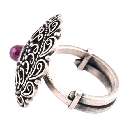 Oxidized 92.5 Sterling silver Ring Adjustable Amethyst Stone Studded Paisley Design (Free Size)