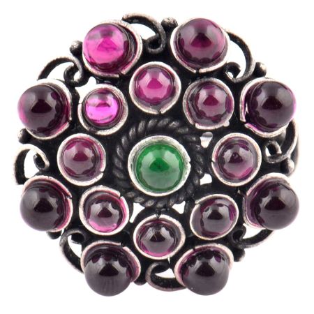 Round Amethysts Studded 92.5 Sterling Silver Ring Adjustable Oxidized Ring For Women (Free Size)